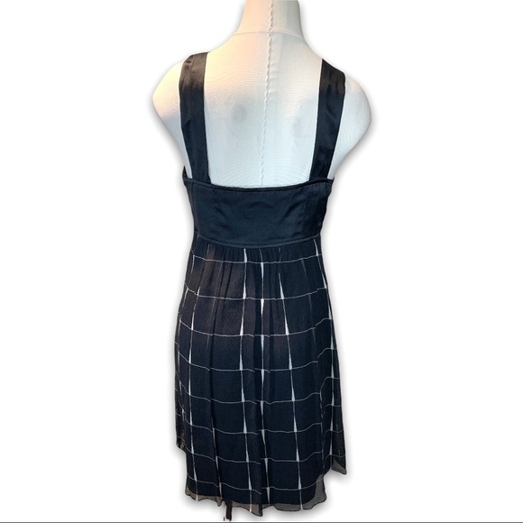 Black Sheer Silk Dress Babydoll Sz S V Neck White Checkered Minimalist Party - Picture 3 of 8